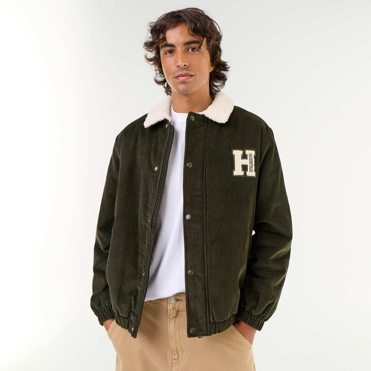 Blouson en velours côtelé col effet moutonné VERT