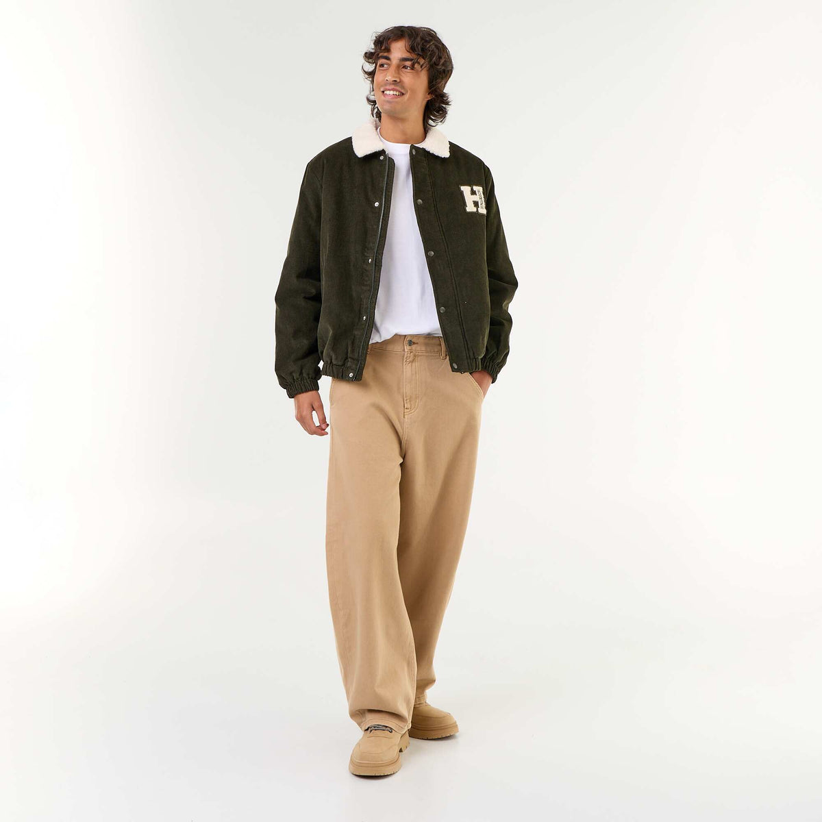 Blouson en velours côtelé col effet moutonné VERT