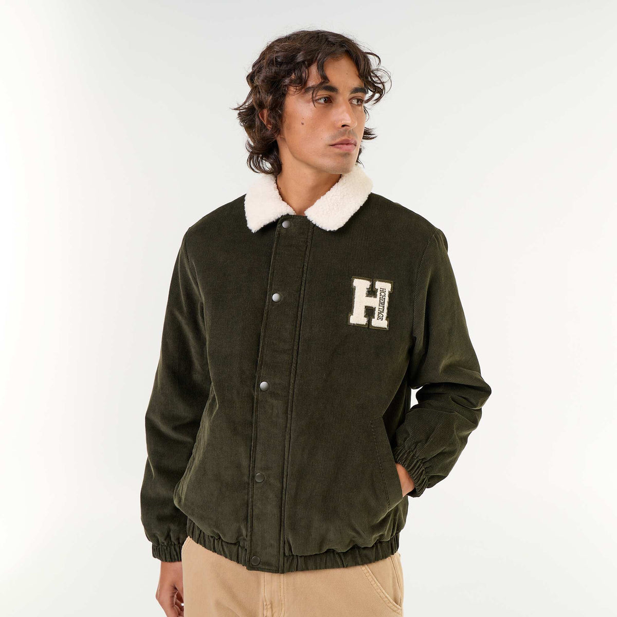 Blouson en velours côtelé col effet moutonné VERT