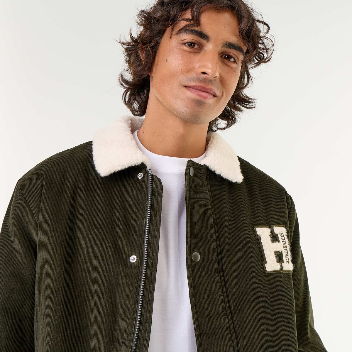 Blouson en velours côtelé col effet moutonné VERT
