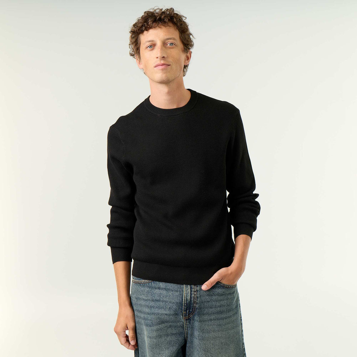 Pull en maille gaufrée à col rond NOIR