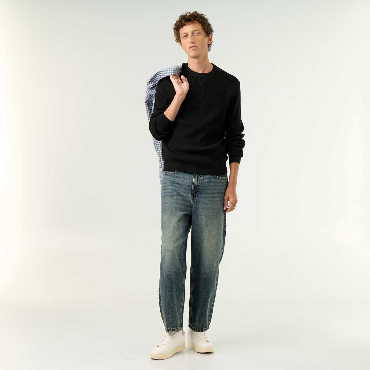 Pull en maille gaufrée à col rond NOIR