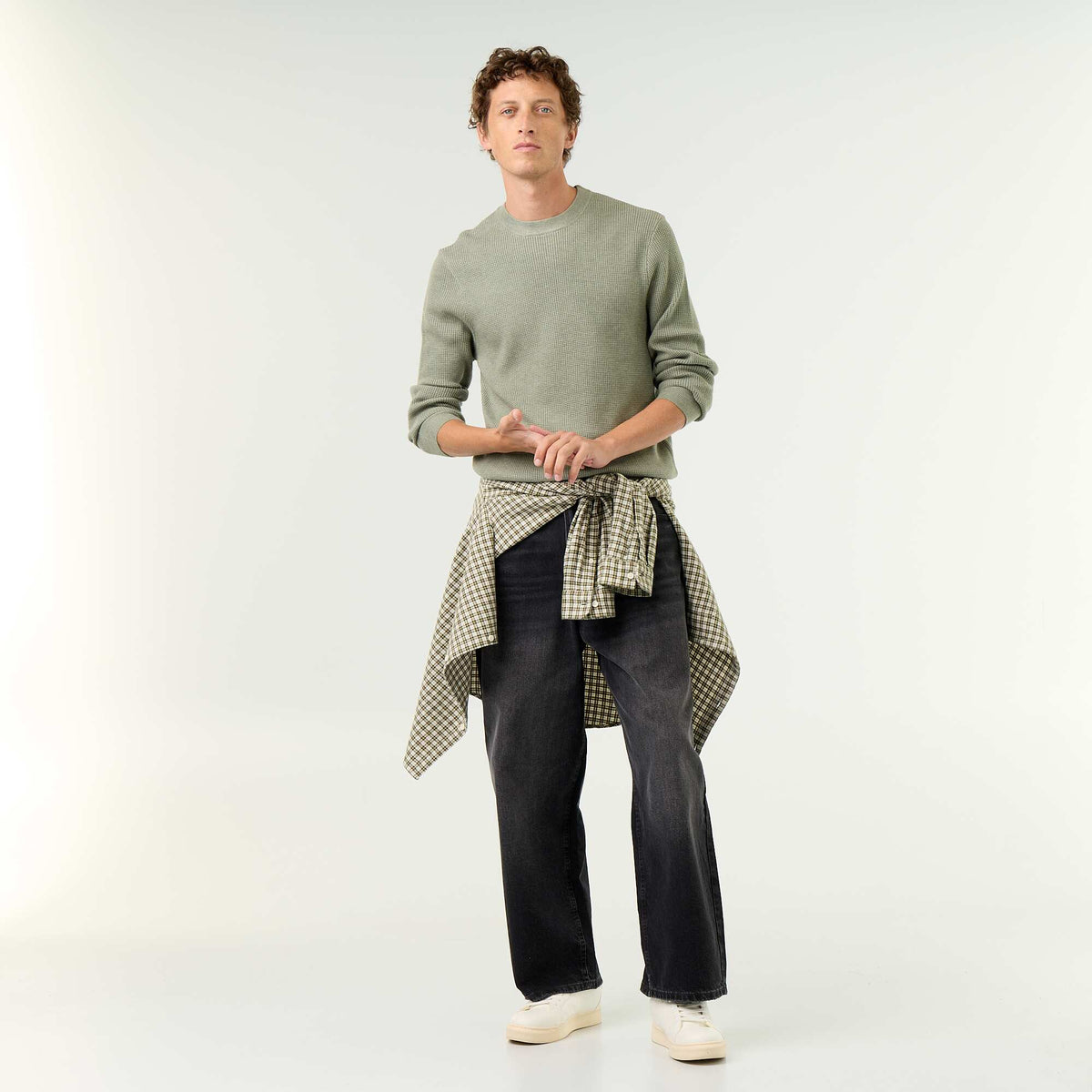 Pull en maille gaufrée à col rond VERT