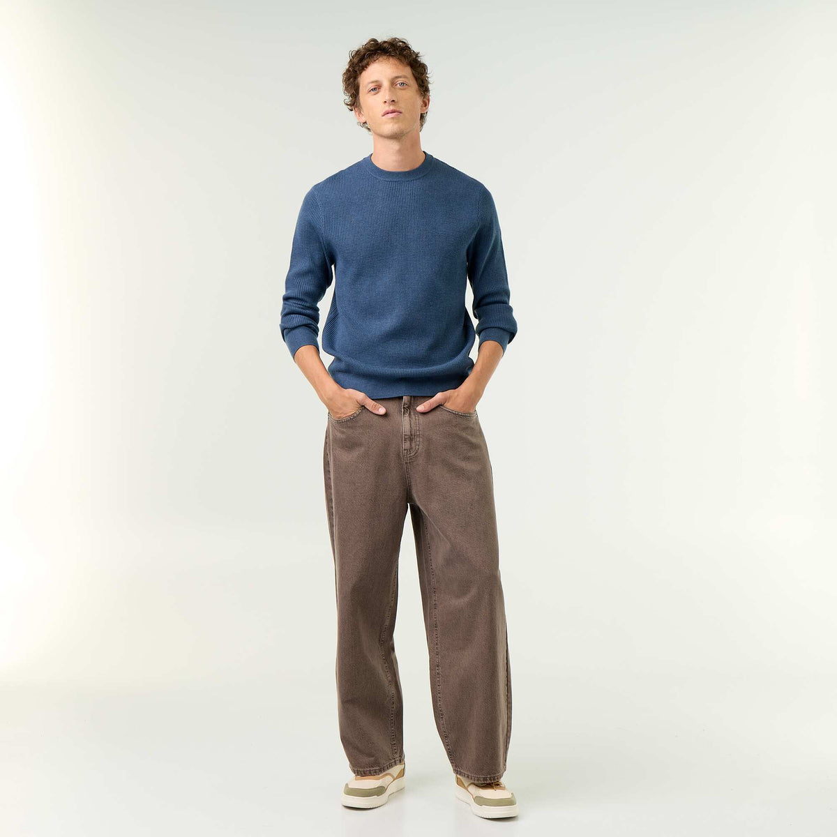 Pull en maille gaufrée à col rond BLEU