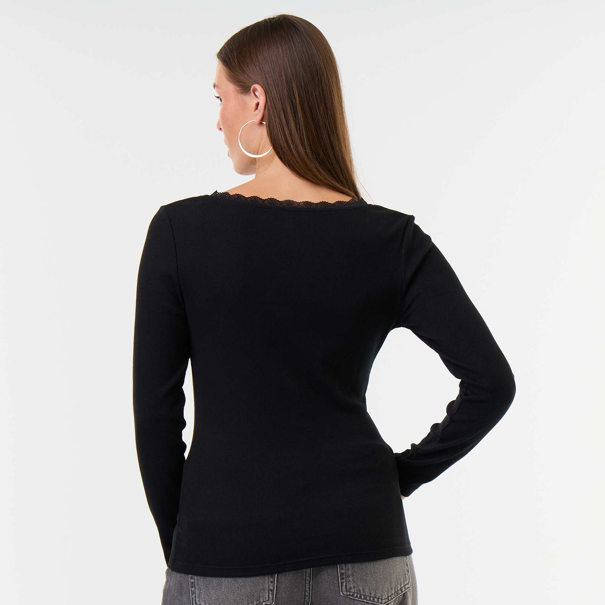 T-shirt côtelé avec dentelle au col NOIR
