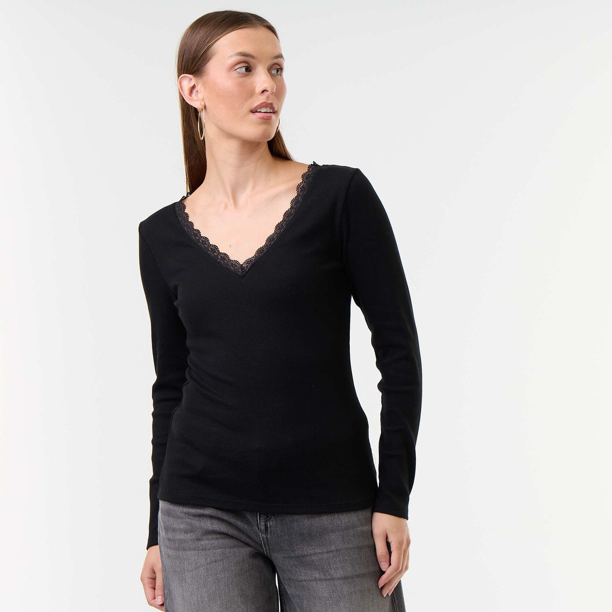 T-shirt côtelé avec dentelle au col NOIR