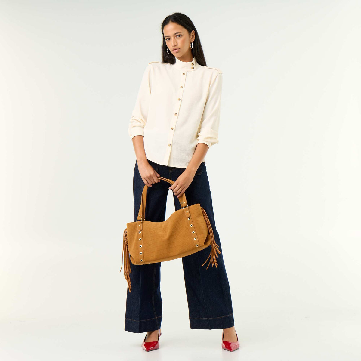 Chemise à col haut et empiècements épaules BLANC
