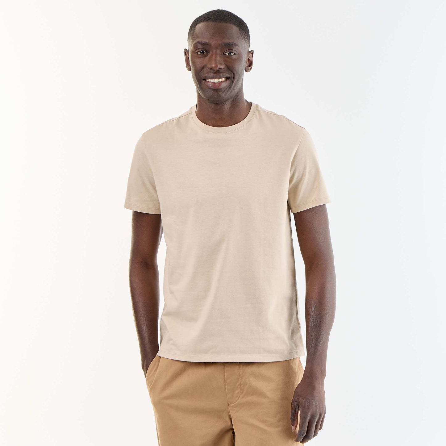 T-shirt homme en jersey de coton uni à col rond BEIGE