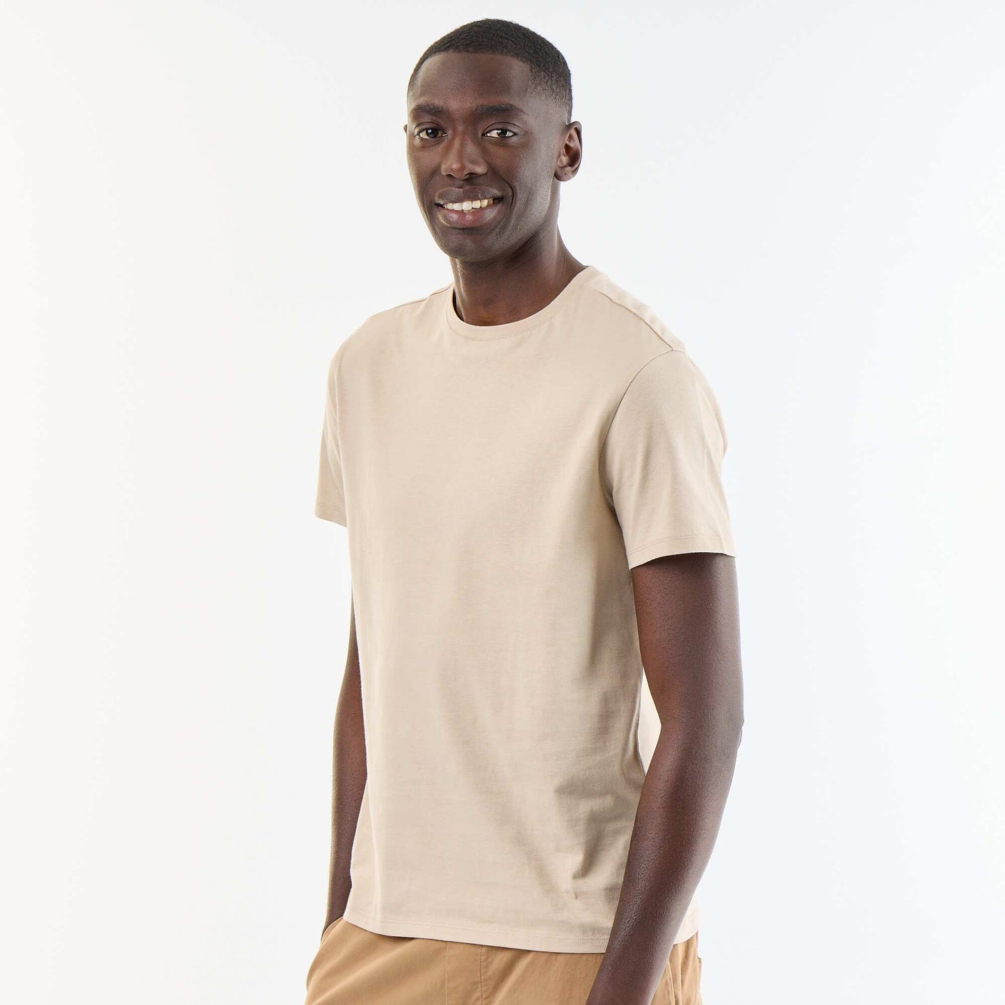 T-shirt homme en jersey de coton uni à col rond BEIGE