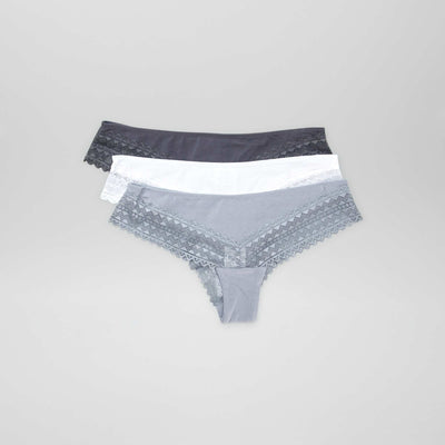 Lot de 3 tangas coton et dentelle Blanc/gris