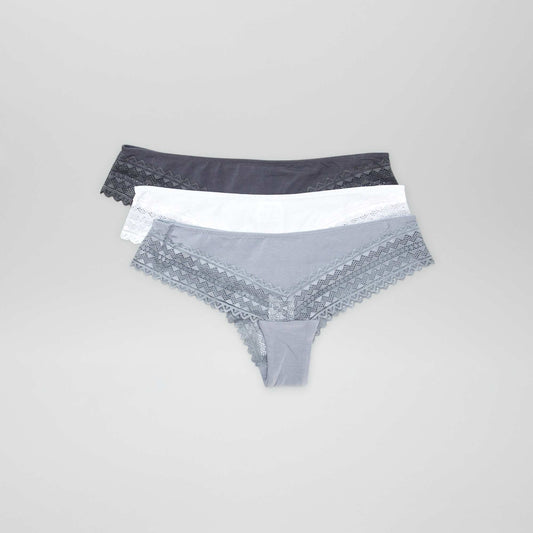 Lot de 3 tangas coton et dentelle Blanc/gris