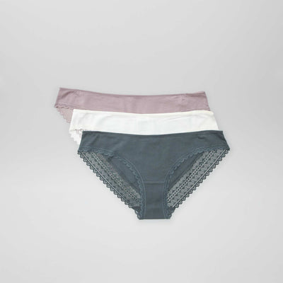 Lot de 3 culottes coton dentelle ROSE/GRIS/BLANC