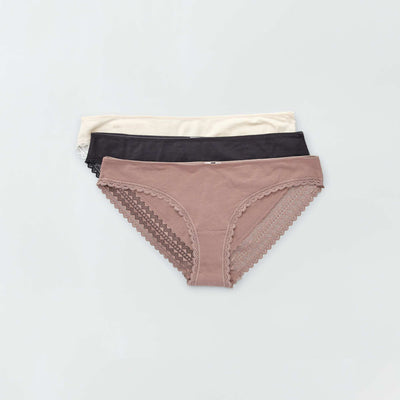 Lot de 3 culottes coton dentelle écru/vieux rose/gris foncé