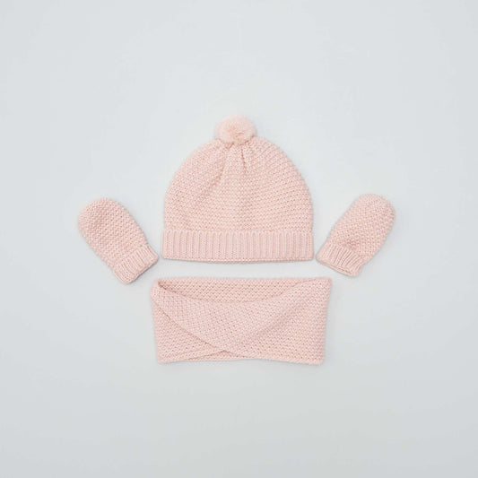 Ensemble bonnet + tour de cou + moufles - 3 pièces Rose