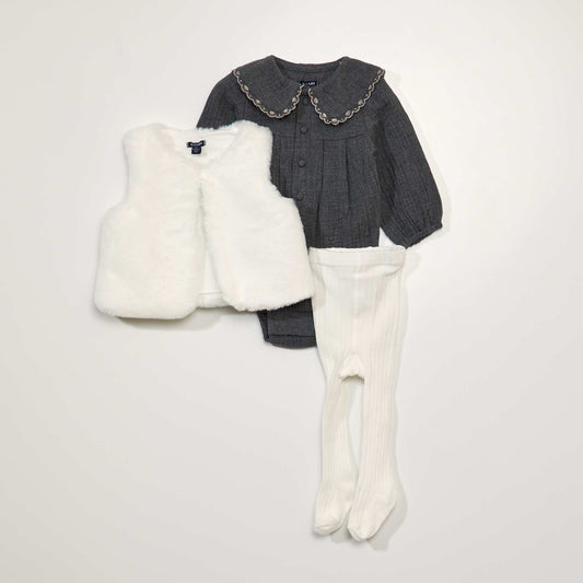 Ensemble bébé body + gilet + collants Blanc/gris