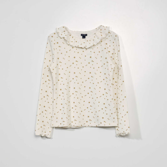 T-shirt léger en maille côtelée avec imprimé Blanc