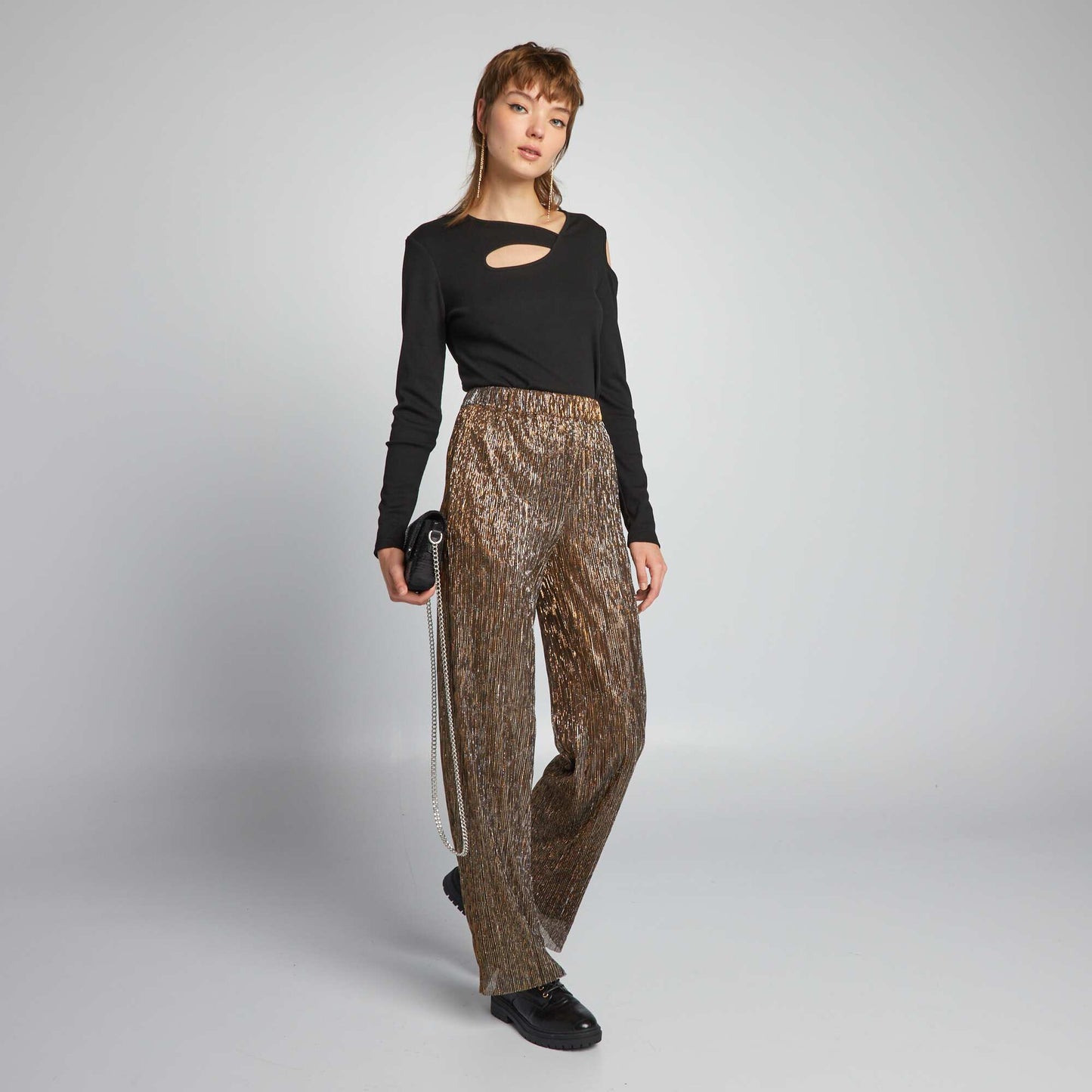 Pantalon large plissé et brillant Doré