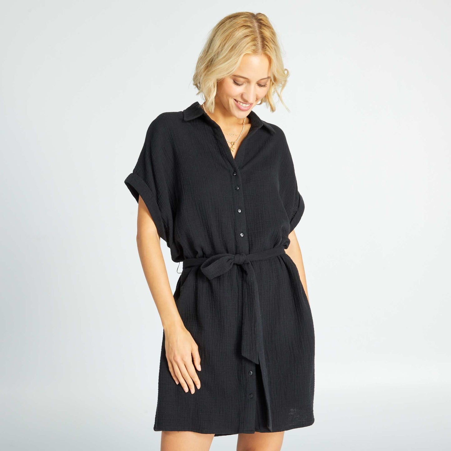 Robe chemise en double gaze de coton noir