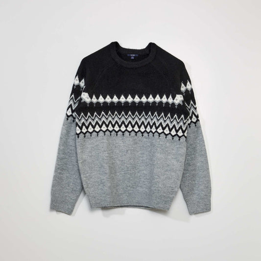 Pull en maille jacquard à col rond Gris