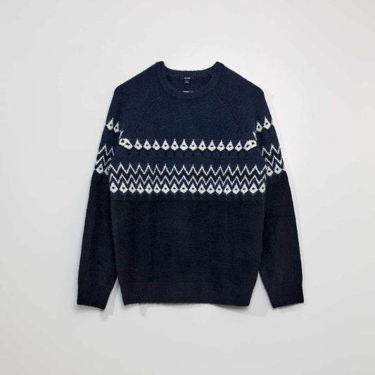 Pull en maille jacquard à col rond Bleu marine