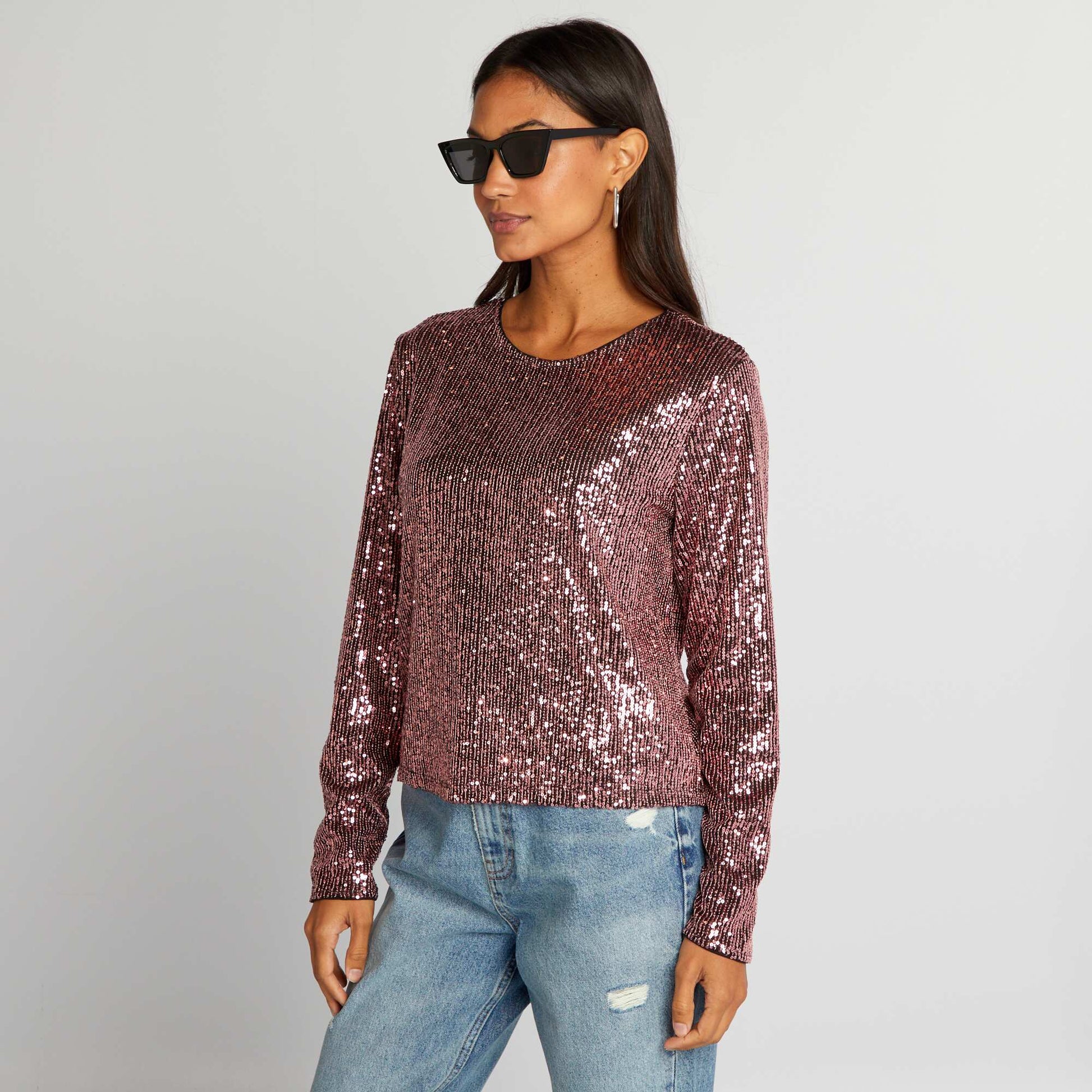 Top V, maille fine, paillettes, bretelles larges, T-Shirts