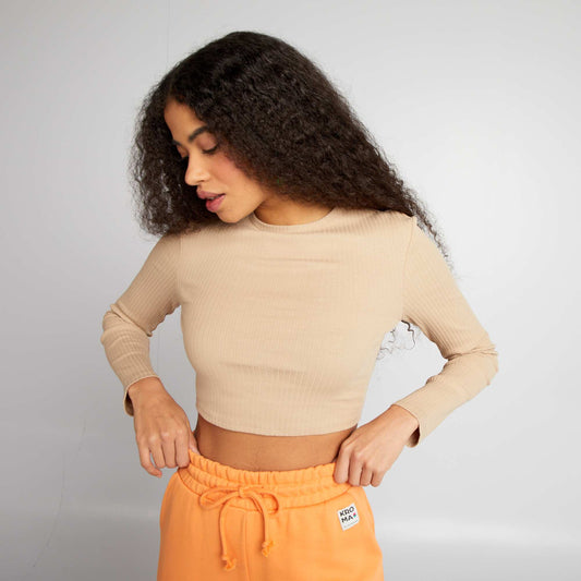 T-shirt cropped côtelé Beige