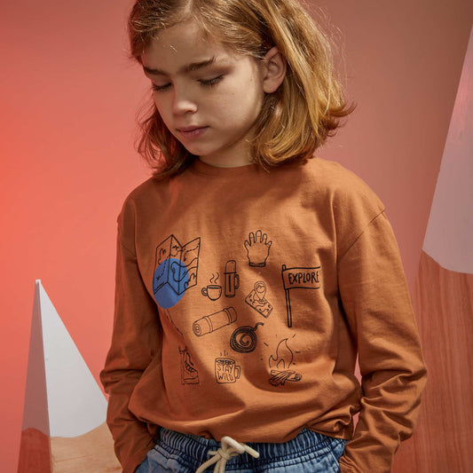 T-shirt à col rond imprimé fantaisie Orange brique