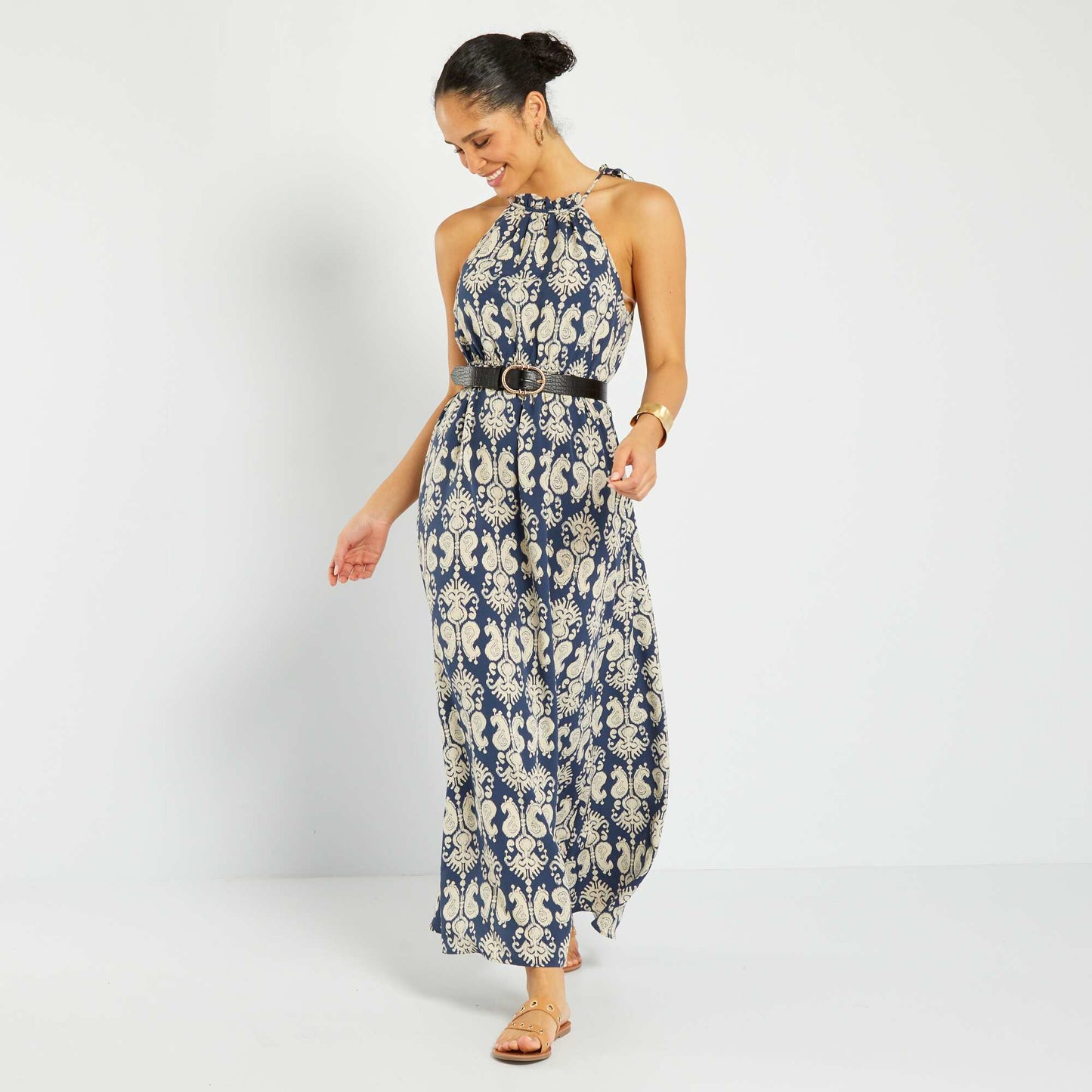 Robe longue imprimée avec col américain Bleu