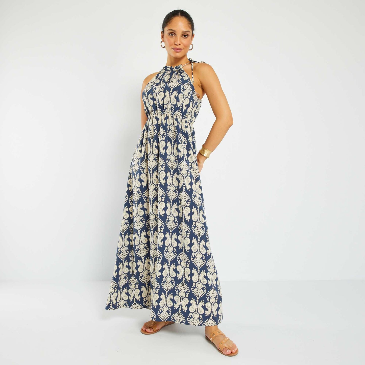 Robe longue imprimée avec col américain Bleu